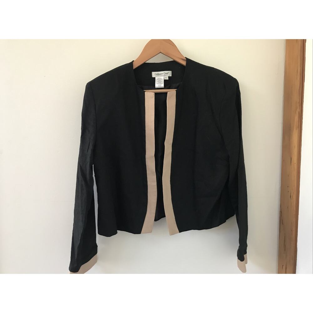 Coldwater Creek Petite Black Brown Linen Rayon Cropped Open Blazer Jacket 12P
